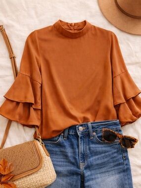 BAYO Burnt Orange Mock Neck Blouse Ruffle Bell Sleeve Size M